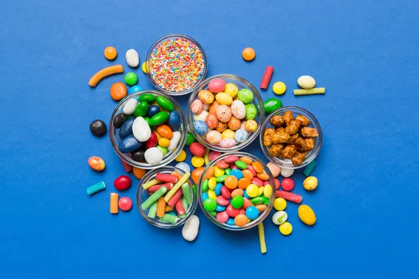 Different Colored Candy Bowl Jars Top View Large Variety Sweets — Stock Photo, Image