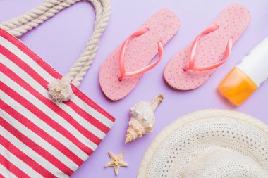 Summer vacation concept flat lay. beach accessories and towel top view. Space for text. travel concept.