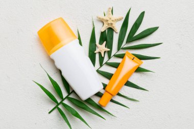 Güneş kremi şişesi. Güneş korumalı krem ve tropik yeşil yapraklı deniz kabukları olan bir şişe..