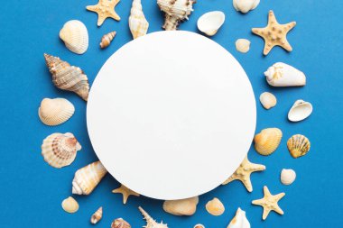Yaz mevsimi konsepti, boş tebrik kartı ve renkli arkaplan üzerine boş beyaz kağıt. Çerçeve şeklinde deniz kabukları metin üstü görünümü için boşluk ile ayrılmış.