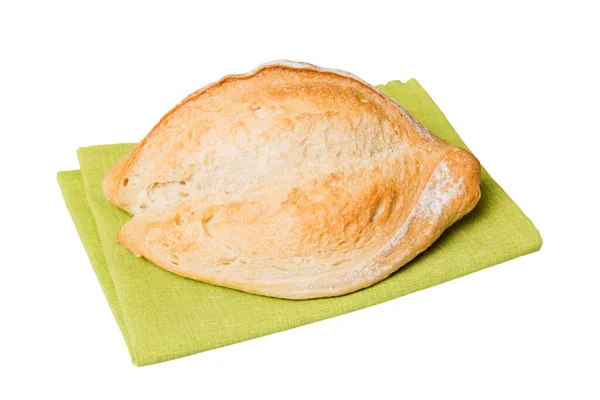 Čerstvě Upečený Lahodný Francouzský Chléb Ubrouskem Izolovaným Bílém Pozadí Zdravý — Stock fotografie