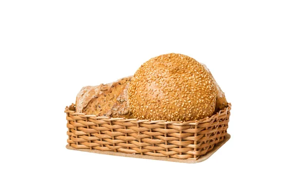 Φρεσκοψημένο Ψωμί Στο Καλάθι Φυσικό Φόντο Προοπτική Άποψη Ψωμί Αντίγραφο — Φωτογραφία Αρχείου