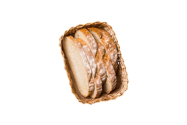 新烘焙的面包片放在篮子上 与白色背景隔离 顶部视图切片面包 — 图库照片