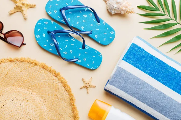 stock image Summer vacation concept flat lay. beach accessories and towel top view. Space for text. travel concept.