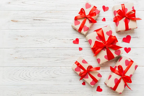 Top View Photo Valentine Day Decorations Gift Box Red Ribbon — Foto Stock