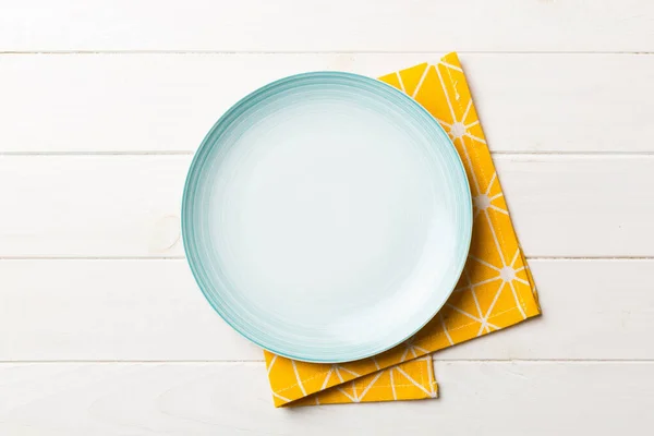 Top View Colored Background Empty Blue Plate Tablecloth Food Empty — Stock Photo, Image