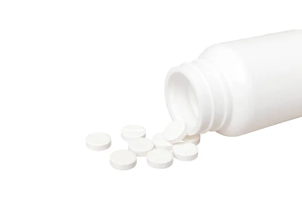 Beyaz Ilaçlar Konteynırdan Akıyor Ilaç Beyaz Ilaç Şişesi Beyaz Arka — Stok fotoğraf