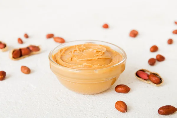 Bowl Peanut Butter Peanuts Table Background Top View Copy Space — Stock Photo, Image