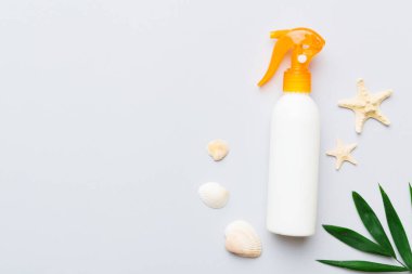 Güneş kremi şişesi. Güneş korumalı krem ve tropik yeşil yapraklı deniz kabukları olan bir şişe..