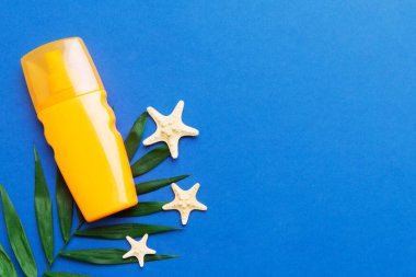 Güneş kremi şişesi. Güneş korumalı krem ve tropik yeşil yapraklı deniz kabukları olan bir şişe..