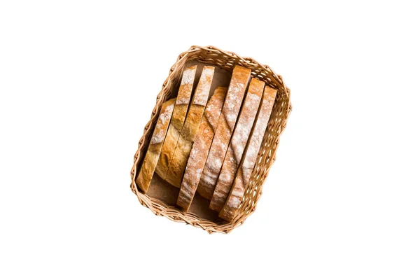 Frisch Gebackene Brotscheiben Auf Korb Isoliert Auf Weißem Hintergrund Aufgeschnittenes — Stockfoto