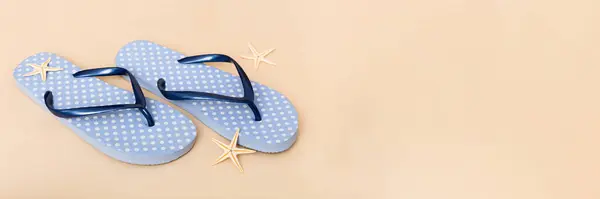 Beach Accessories Flip Flops Starfish Colored Background Top View Mock — Stockfoto