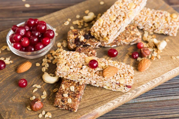 Various Granola Bars Table Background Cereal Granola Bars Superfood Breakfast — Stock Photo, Image