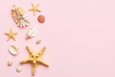 Yaz zamanı konsepti düz kompozisyon ile güzel deniz yıldızları ve deniz kabukları renkli tablo üzerinde yatıyordu, metin için metin alanı ile üst görünüm.