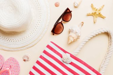 Summer vacation concept flat lay. beach accessories and towel top view. Space for text. travel concept.