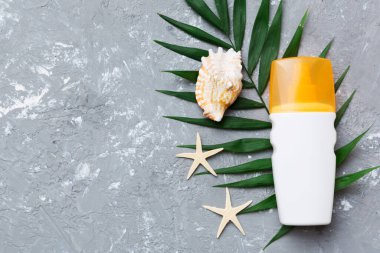 Güneş kremi şişesi. Güneş korumalı krem ve tropik yeşil yapraklı deniz kabukları olan bir şişe..