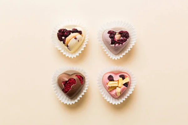 Chocolate Sweets Form Heart Fruits Nuts Colored Background Top View — Photo