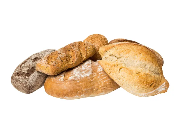 Hemlagade Naturliga Bröd Olika Typer Färskt Bröd Isolerad Vit Bakgrund — Stockfoto