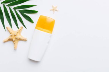 Güneş kremi şişesi. Güneş korumalı krem ve tropik yeşil yapraklı deniz kabukları olan bir şişe..