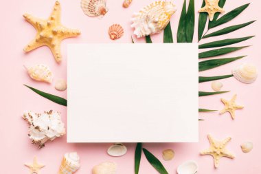 Yaz mevsimi konsepti, boş tebrik kartı ve renkli arkaplan üzerine boş beyaz kağıt. Çerçeve şeklinde deniz kabukları metin üstü görünümü için boşluk ile ayrılmış.