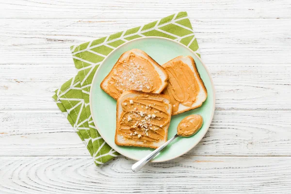 Fıstık Ezmeli Sandviç Arka Planda Kızarmış Ekmek Kahvaltı Vejetaryen Yemeği — Stok fotoğraf