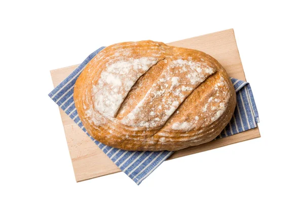 Φρεσκοψημένο Ψωμί Ξύλο Κοπής Που Απομονώνεται Λευκό Φόντο Τοπ Προβολή — Φωτογραφία Αρχείου