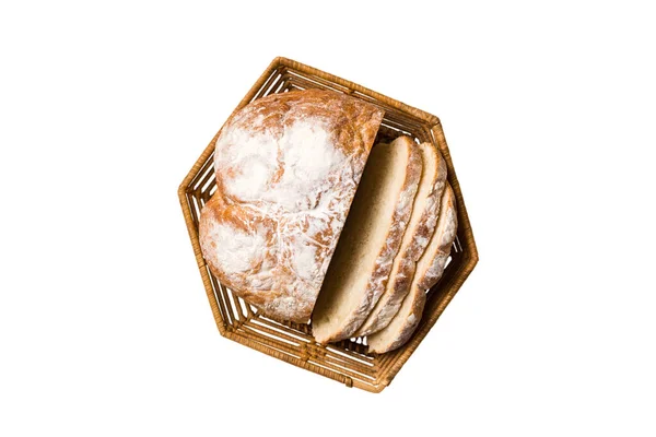 Čerstvě Upečené Plátky Chleba Koši Izolované Bílém Pozadí Pohled Shora — Stock fotografie