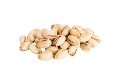 Pistachios yığını beyaz arka planda izole edilmiş, üst manzara. Düz uzanıyordu Sağlıklı gıda konsepti.