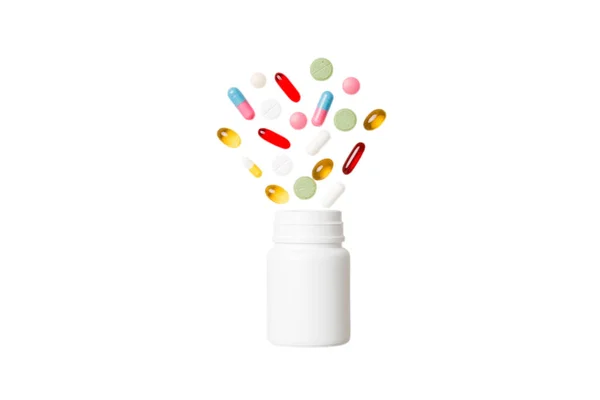 Kolorowe Pigułki Kapsułki Plastikowej Butelce Kolorowym Tle Przestrzeń Kopiowania Wiele — Zdjęcie stockowe
