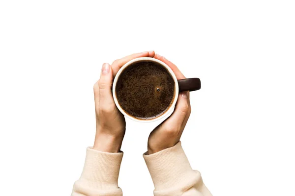 Minimalistyczny Styl Kobieta Ręka Trzyma Filiżankę Kawy Kolorowym Tle Płaska — Zdjęcie stockowe