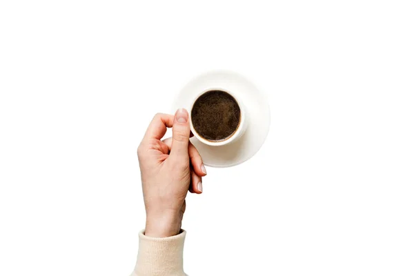 Minimalistyczny Styl Kobieta Ręka Trzyma Filiżankę Kawy Kolorowym Tle Płaskie — Zdjęcie stockowe