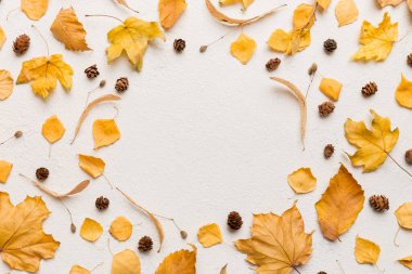 Masadaki kurumuş yapraklar, koniler ve meşe palamutlarından oluşan sonbahar kompozisyonu. Düz konum, üst görünüm, kopyalama alanı.