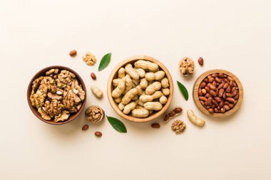 Ceviz çekirdeği yarım, ahşap bir kasede. Yakın plan, yukarıdan, renkli arkaplanda. Sağlıklı beslenme kavramı. Kopyalama alanı olan süper gıdalar.