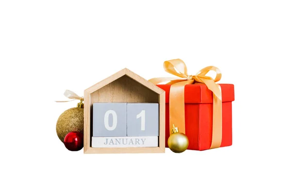 January Christmas Composition Colored Background Wooden Calendar Gift Box Toys — Zdjęcie stockowe