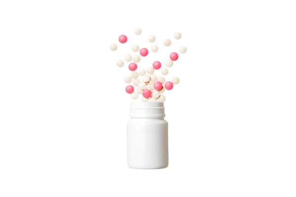五彩斑斓的药丸和胶囊装在彩色背景的塑料瓶中 复制空间 许多不同的药片和药丸 维生素和营养补充剂的概念 — 图库照片