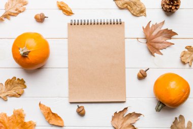 Sonbahar kompozisyonu: Düşen yapraklar ve el işi çizimleri renkli arka planda taklit edilir. Üst Manzara. Kopyalama alanı olan düz.