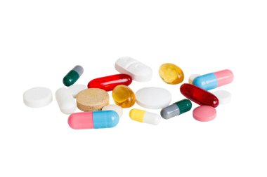 Many different colorful medication and pills perspective view. Set of many pills on colored background.