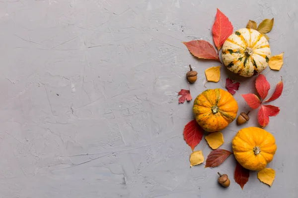 Sonbahar kompozisyonu. Masadaki kurumuş yapraklar ve diğer tasarım aksesuarlarından oluşan desen. Düz yatış, üst görünüm.