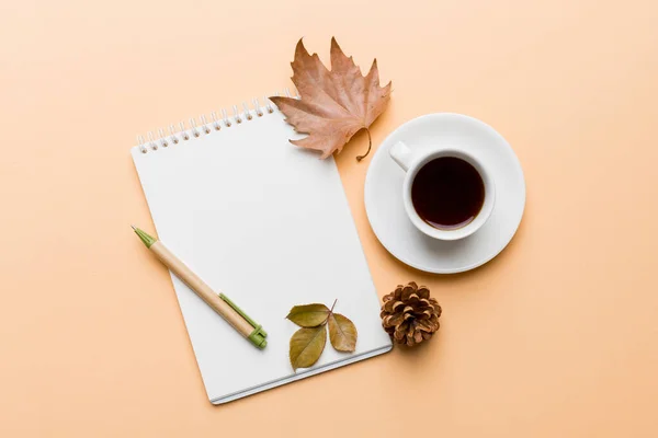 Autumn composition: fallen leaves and notebook mock up on colored background. Top view. Flat lay with copy space.