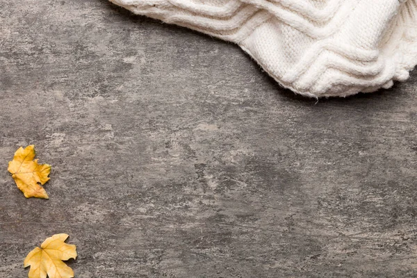 Sonbahar kompozisyonu. Süveter, ekose, arka planda sonbahar yaprakları. Düz konum, üst görünüm, kopyalama alanı