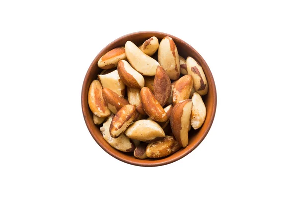 Roasted Brazil Nut Bowl Isolated White Background Brazil Nut Snack — Stock Photo, Image