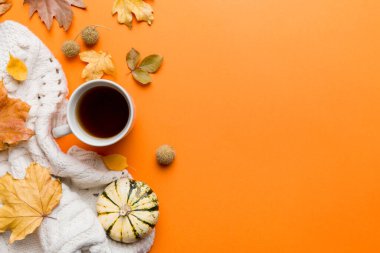 Renkli sonbahar kahve fincanı ve renkli yapraklarla bezenmiş düz bir kompozisyon. en üstteki görünüm.