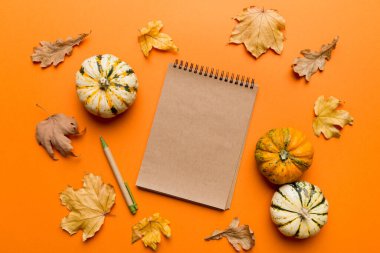 Sonbahar kompozisyonu: Düşen yapraklar ve dizüstü bilgisayarlar renkli arkaplan ile taklit edilir. Üst Manzara. Kopyalama alanı olan düz.