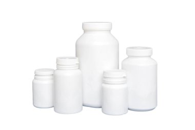 Beyaz arka plan üzerinde izole boş ilaç şişesi,