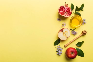 Renkli arka planda yahudi Rosh Hashanah bayramı sembolleri olan düz kompozisyon, Rosh hashanah kavramı. Geleneksel yılbaşı tatili. Kopyalama alanı olan üst görünüm.