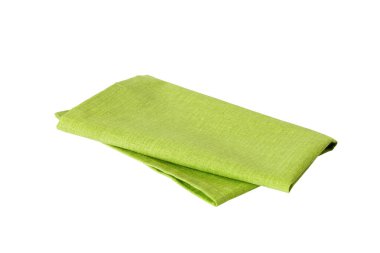 Beyaz arka planda izole edilmiş yeşil tekstil peçetesi. Katlanmış dekoratif mutfak havlusu. Üst görünüm.