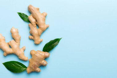 Renkli arka planda yeşil yapraklı kabın içinde zencefil tozu var. Üst görünüm düzlüğü.