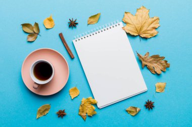 Sonbahar kompozisyonu: Düşen yapraklar ve dizüstü bilgisayarlar renkli arkaplan ile taklit edilir. Üst Manzara. Kopyalama alanı olan düz.