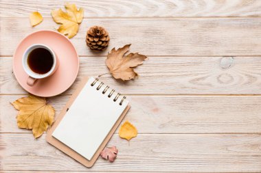 Sonbahar kompozisyonu: Düşen yapraklar ve el işi çizimleri renkli arka planda taklit edilir. Üst Manzara. Kopyalama alanı olan düz.