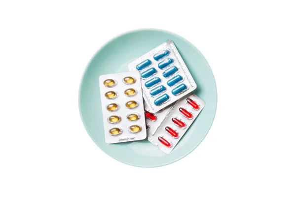 Veel Verschillende Gewichtsverlies Pillen Supplementen Als Voedsel Ronde Plaat Pillen — Stockfoto